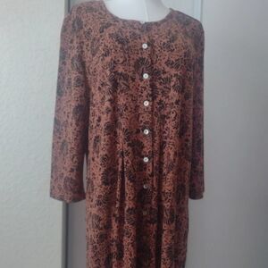 NorthStyle Large Rust Brown Floral Button-Front 3/4 Sleeve Dress